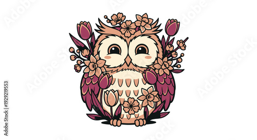 Cute Owl with Floral Crown and Flowers