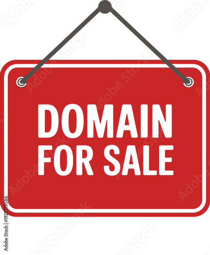 A red sign displaying the text domain for sale with hanging ropes