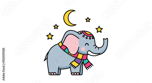 Cute Elephant Cartoon Under Moon and Stars