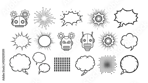 Robotic Illustrations and Comic Book Graphics: A collection of various robotic illustrations and comic book graphic elements, perfect for creative design projects.