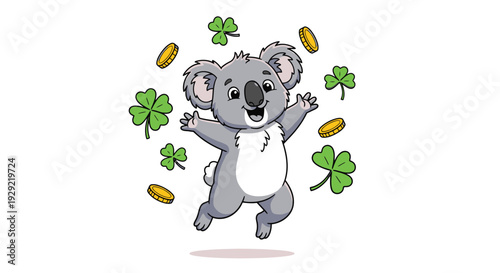 Koala jumping with shamrocks and coins for luck