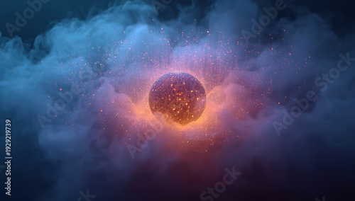 Glowing digital sphere surrounded by smoky cloud and sparks, mysterious ambient lighting