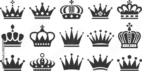 Royal crown silhouettes set, king and queen monarchy symbols decorative heraldic emblem collection isolated on white background vector illustration