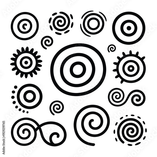 Spiraling Symbols: A collection of swirling, circular designs come together to create a hypnotic visual composition. A versatile visual suitable for numerous design uses. 