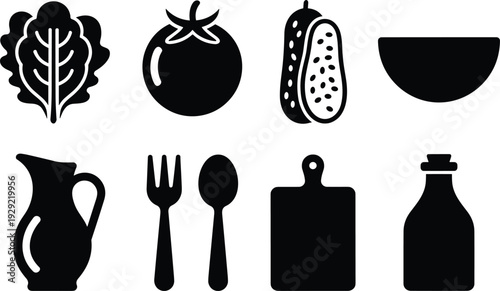 Kitchen food and utensil silhouette set, salad tomato cucumber bowl pitcher fork spoon cutting board bottle icons vector illustration