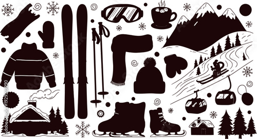 Winter sports and activities illustrated in black and white style snow skiing snowboarding