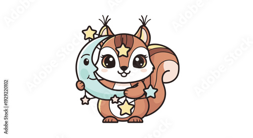 Cute Squirrel and Moon with Stars Illustration for Kids