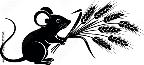 Black silhouette vector illustration of a cute little field mouse holding a bunch of wheat stalks isolated on white background.