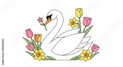 Swan with Flowers Floral Scene for Spring Celebration