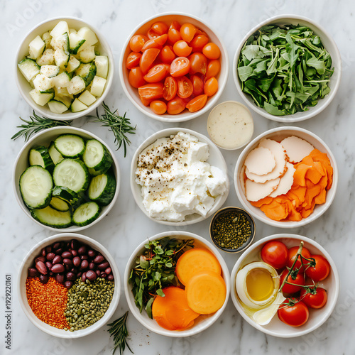 Wallpaper Mural Vibrant Flat Lay Photography of a Mouthwatering Mediterranean Meal Spread with Fresh Ingredients and Whimsical Composition on Exquisite White Marble Table Torontodigital.ca
