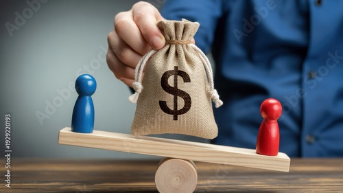 Hand placing money bag on wooden seesaw with blue and red figures showing financial imbalance or inequality