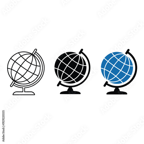 Three globe illustrations in varying styles outline solid black and blue gradient