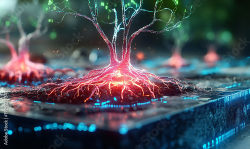 Wallpaper Mural AI Neural Network Concept Illustration: Artificial Neurons, Analogous Microchip Architecture, Binary Code Transmission Lines with Pulse-like Data Flow Torontodigital.ca