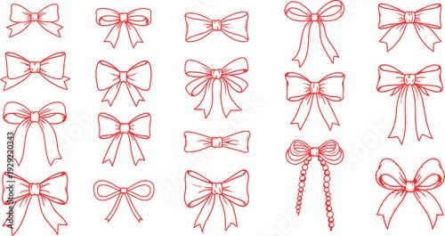Red bows and ribbons in various styles and shapes on white background decorative bows