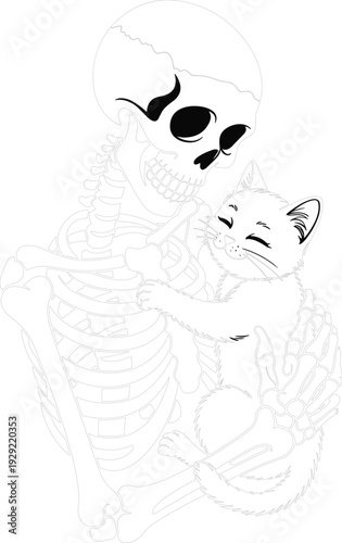 A playful white kitten hugs a human skeleton in a heartwarming and unusual embrace hugging