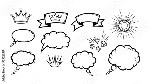 Collection of Embellishments: An artistic array of crowns, ribbons, speech bubbles, and a gemstone, perfectly designed for invitations, designs, and visual communication.