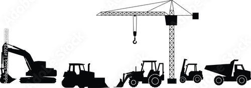 Collection of construction vehicles and a tower crane depicted as black silhouettes against a white background