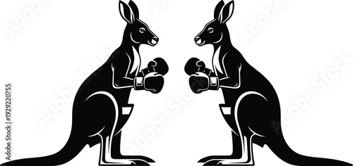 Black-and-white vector silhouette illustration of two symmetrical kangaroos wearing boxing gloves in fighting stance, symbolizing strength, agility, combat, and sports themes