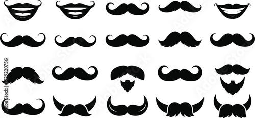 Black-and-white vector silhouette illustration of 25 unique mustache styles with curls, thickness, and mouths, symbolizing fashion, facial hair, grooming, and character design themes