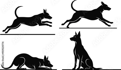 Black-and-white vector silhouette illustration of four dogs in leaping, crouching, and sitting poses, symbolizing agility, playfulness, attentiveness, and pet behavior themes
