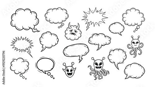 Cartoon Bubble Collection: A collection of various comic speech bubbles and expressive characters ready to convey thoughts, ideas, and dialogue, ideal for creative projects.
