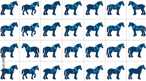 Set of 24 dark blue horse vector icons with light blue harness