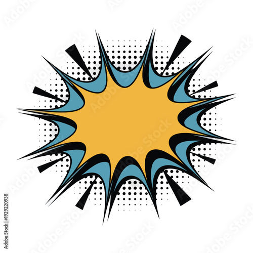Comic Burst Design: A vibrant comic book-style burst graphic, radiating energy with sharp spikes, a central text area and a classic dot pattern.
