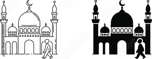 Line and silhouette of a mosque with a crescent moon and a person walking towards it, symbolizing Islamic architecture and faith