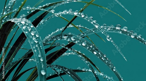 Close Up of Green Grass Blades Covered in Dew Drops Against Teal Background in Soft Lighting Early Morning