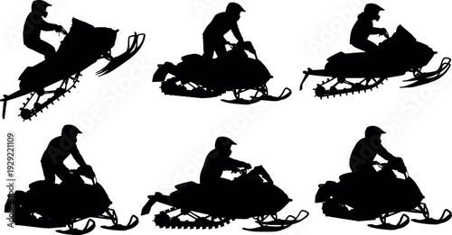 Collection of six black isolated vector silhouettes featuring extreme snowmobile riders enjoying thrilling winter sports activities on white background illustrations