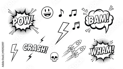 Comic Book Elements: Dynamic collection of comic book elements, ready to inject energy and excitement into your projects, with a playful array of sound effects and graphics.