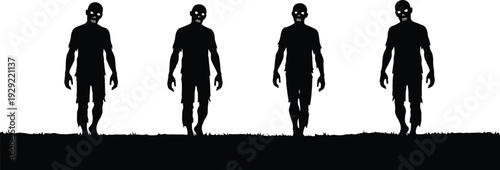 Black-and-white vector silhouette illustration of four eerie zombie figures walking forward with glowing eyes, symbolizing Halloween, horror, apocalypse, and creepy undead themes
