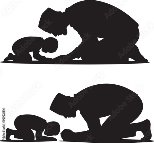 Silhouette of a father and son praying together in Islamic tradition, depicting a teaching moment of faith and devotion