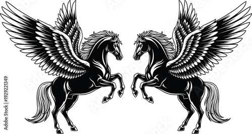 Black-and-white vector silhouette illustration of two symmetrical winged horses (Pegasus) rearing with detailed wings, symbolizing mythology, inspiration, freedom, power, and fantasy themes