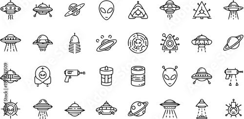 UFO Alien Spaceship Line Icons Vector Set - Extraterrestrial  Sci-Fi Symbols