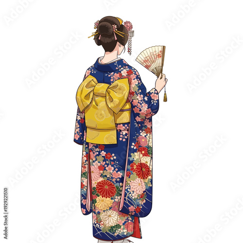 Woman in traditional Japanese kimono holding a fan, back view