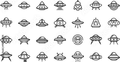 Outline UFO and Alien Spaceship Icons Vector Collection
