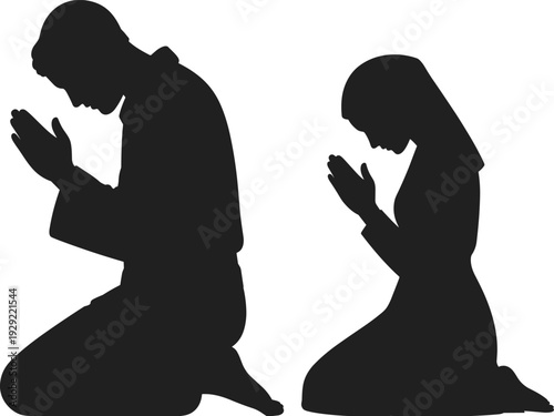 Silhouette of a man and woman kneeling in prayer side by side on a white background, conveying devotion