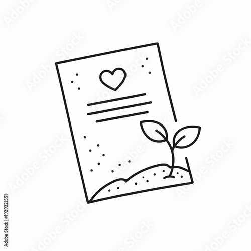 A symbolic representation of growth, love, and new beginnings. a minimalist line drawing of a seed packet with a heart. 
