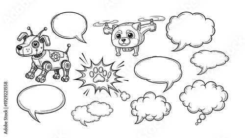Cartoon dog elements : a creative illustration showcasing a series of cartoon dog themed elements, including a robot dog and a drone dog, accompanied by empty speech bubbles and a paw print explosion