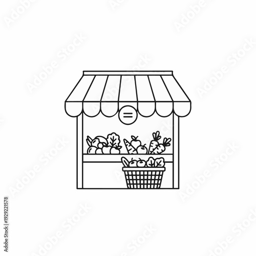 A charming illustration of a local farmers market stall filled with fresh produce, creating a vibrant scene of community and wholesome goodness.