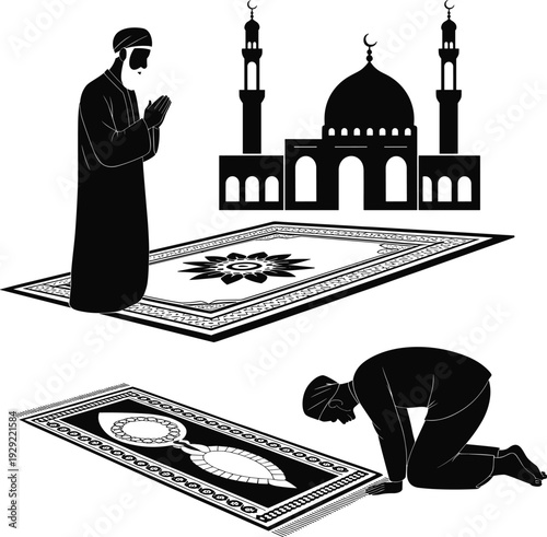 Silhouette of a man praying on a prayer mat before a mosque, with a second man in prostration, representing Islamic worship and devotion
