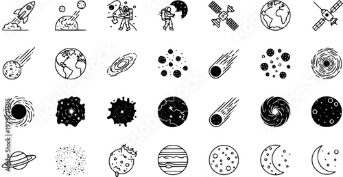 Space  Astronomy Icons: Planets, Rockets, Astronauts, Galaxies  More