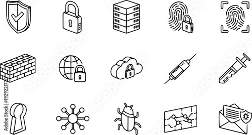 Cybersecurity and Digital Security Icons - Vector Line Art