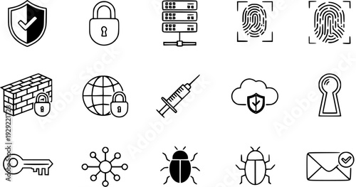 Cybersecurity and Data Protection Line Icons Set. Network Security Threats.