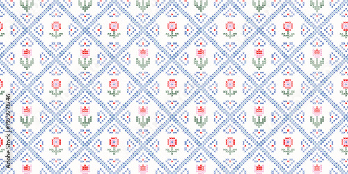 Seamless cross-stitch inspired floral design with blue geometric diamond motifs. Traditional embroidery aesthetic Scandinavian style print for fabric, wallpaper, stationery, textiles, background.