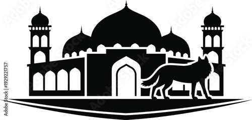 Silhouette of a wolf standing in front of a mosque with minarets and a dome, on a decorative base