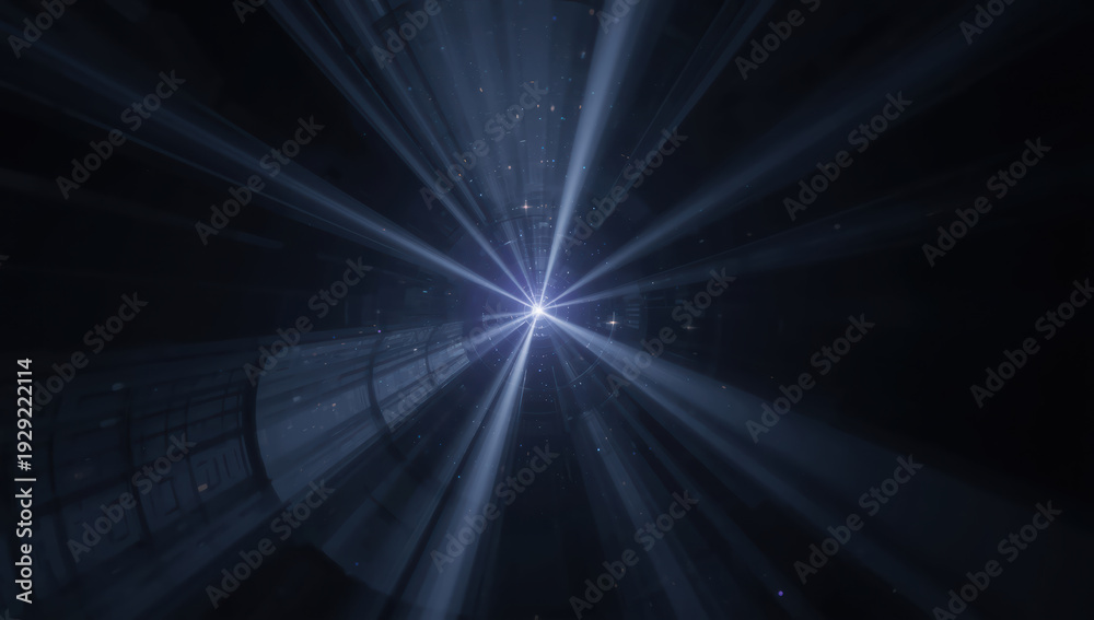Obraz premium Distant light burst in dark tunnel with radial beams and subtle particles evoking wonder