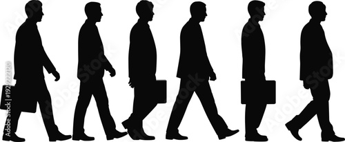 Silhouettes of businessmen in suits walking with briefcases in a row against a white background businessman
