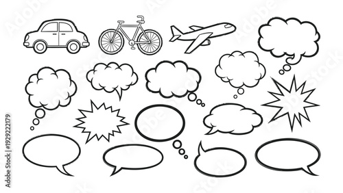 Vehicles and Speech Bubbles: An array of transportation and communication symbols on display, ideal for conveying thoughts, ideas, and travel themes.
